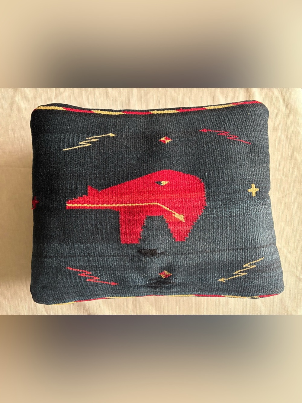 Vintage Zapotec Southwestern Handwoven Wool Accent Pillow w/Fetish Bear Design